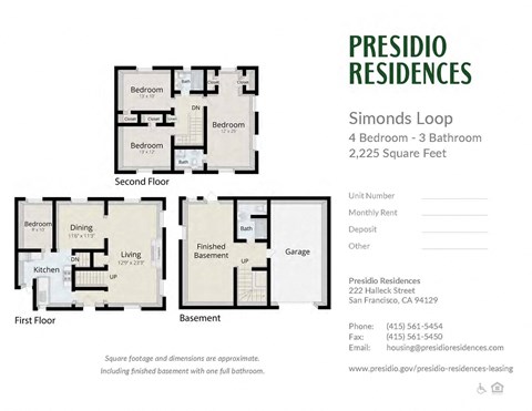 Floor plan for 4 beds, 3 baths, 2225 sqft